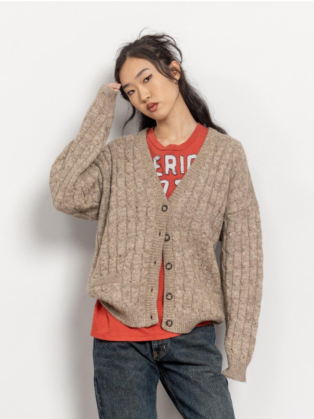 WOOL CARDIGAN Vintage Cable Knit Beige Brown Cream Knitwear